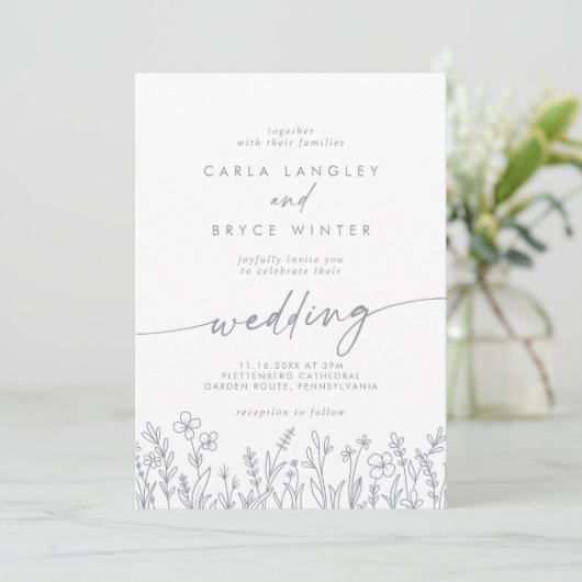 Gray Calligraphy Wildflower Front and Back Wedding Kaart (Staand voorkant)