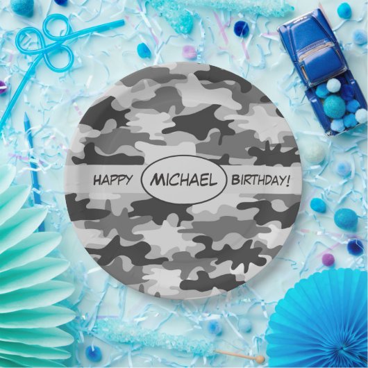 Gray Camouflage Happy Birthday Name Persoonlijk Papieren Bordje (Feest)