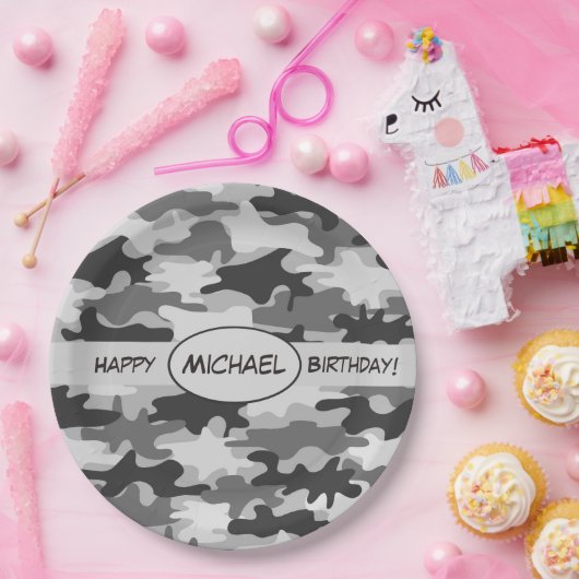 Gray Camouflage Happy Birthday Name Persoonlijk Papieren Bordje (Feest)