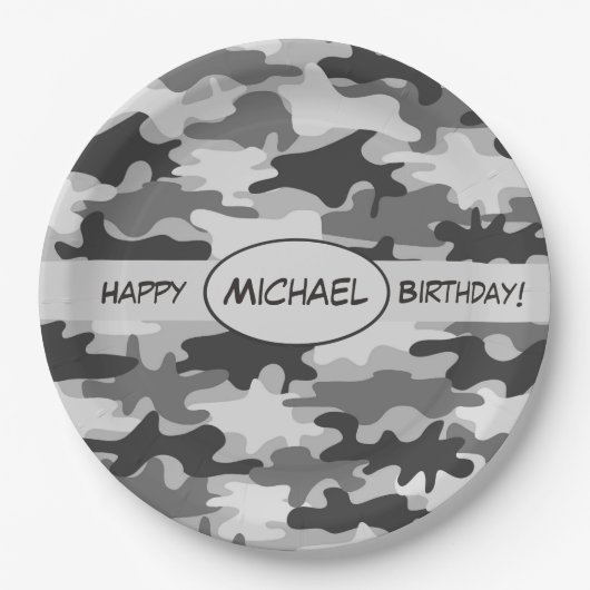 Gray Camouflage Happy Birthday Name Persoonlijk Papieren Bordje (Voorkant)