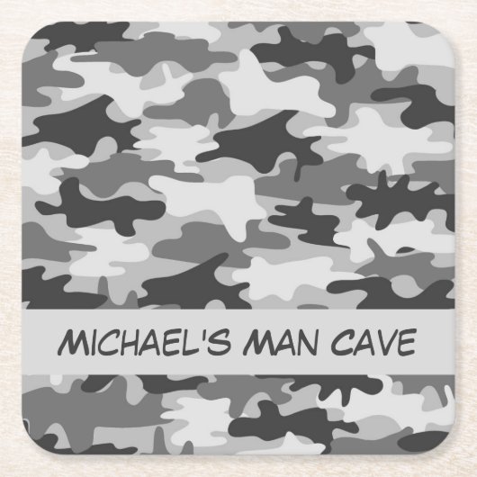 Gray Camouflage Naam Aangepaste Man Cave Kartonnen Onderzetters (Voorkant)