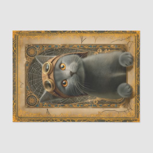 Gray Cat in Ornate Steampunk Stye DZ8 Decoupage  Tissuepapier (Voorkant)
