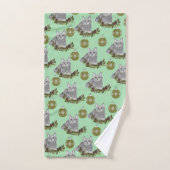 Gray Cat Pattern met Green Ornaments Bad Handdoek (Handdoek)
