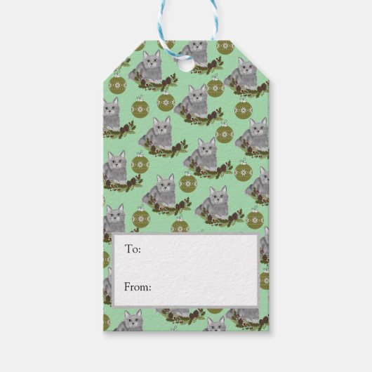 Gray Cat Pattern met Green Ornaments Cadeaulabel (Voorkant)