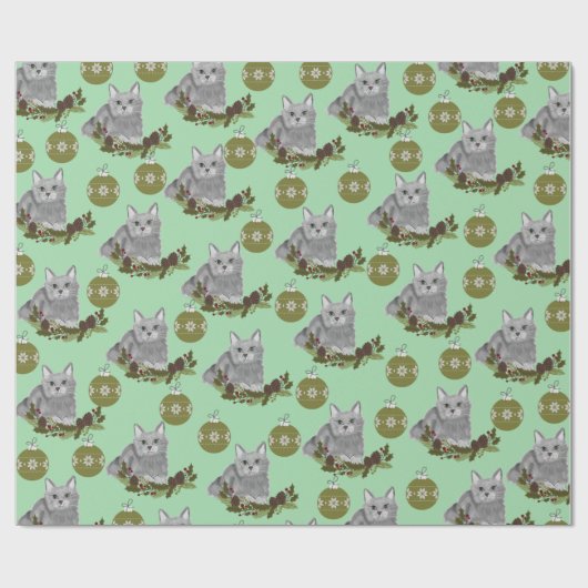 Gray Cat Pattern met Green Ornaments Cadeaupapier (Vlak)