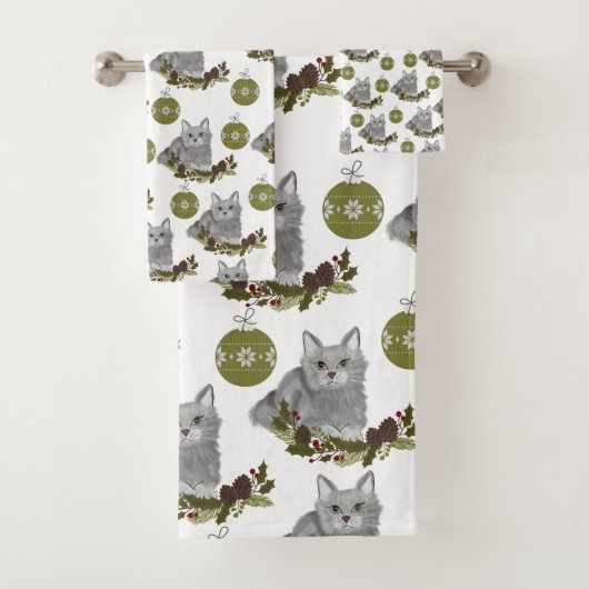 Gray Cat Pattern met Green Ornaments in White Bad Handdoek (Insitu)