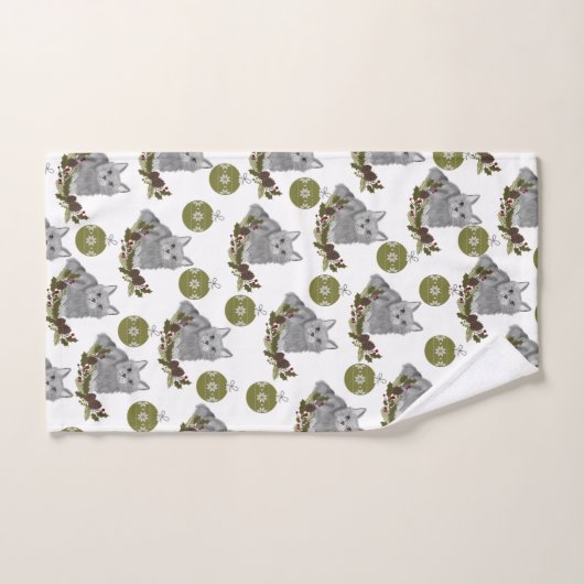 Gray Cat Pattern met Green Ornaments in White Bad Handdoek (Handdoek)