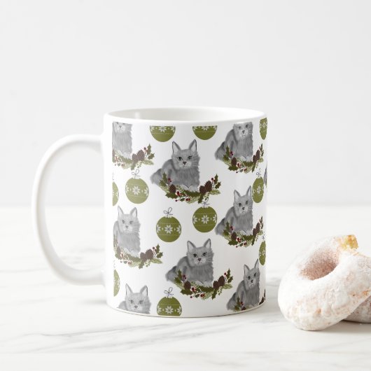Gray Cat Pattern met Green Ornaments Koffiemok (Met donut)