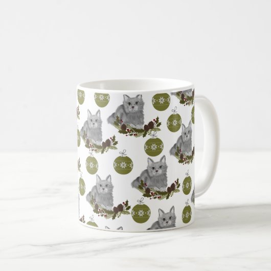 Gray Cat Pattern met Green Ornaments Koffiemok (Voorkant rechts)