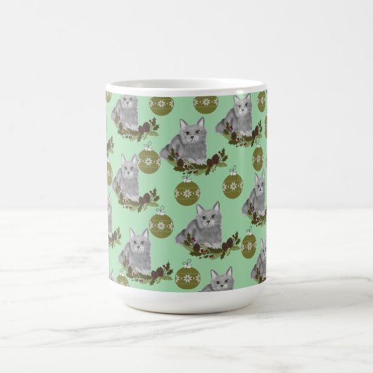 Gray Cat Pattern met Green Ornaments Koffiemok (Center)