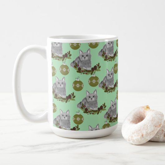 Gray Cat Pattern met Green Ornaments Koffiemok (Met donut)