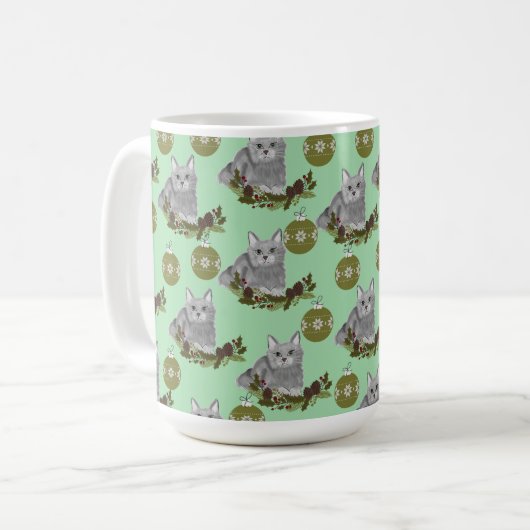 Gray Cat Pattern met Green Ornaments Koffiemok (Voorkant links)