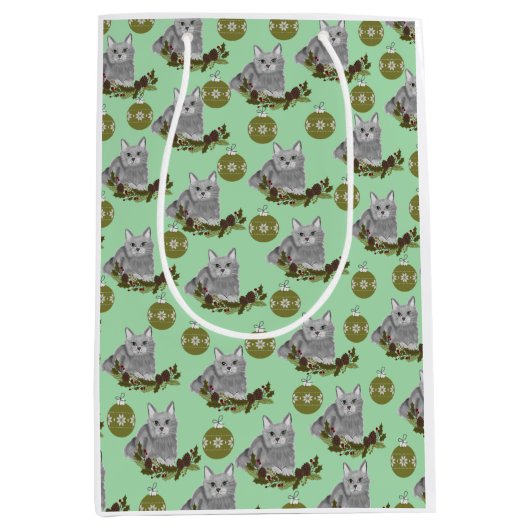 Gray Cat Pattern met Green Ornaments Medium Cadeauzakje (Voorkant)