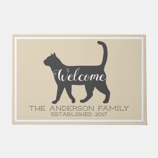 Gray Cat Silhouette & Taupe | Familienaam Deurmat (Voorkant)