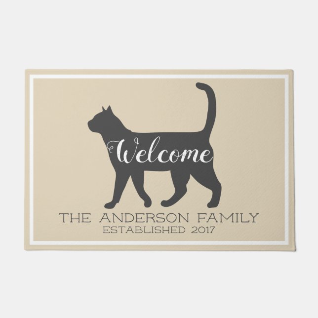 Gray Cat Silhouette & Taupe | Familienaam Deurmat (Voorkant)