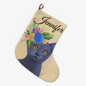 Gray Cat Whimsical Art Grote Kerstsok (Voorkant (Hangend))