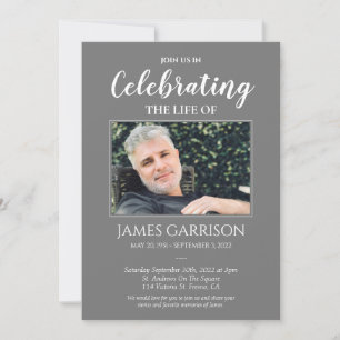 Gray Celebration of Life Foto Memorial Invitation Kaart