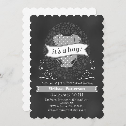 Gray Chalkboard Boy Baby shower nodigt uit Kaart (Voorkant / Achterkant)