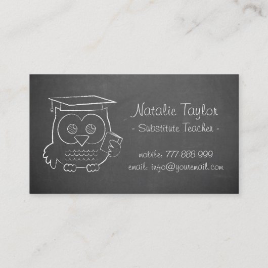 Gray Chalkboard Cute Owl Doodle Substitut Teacher Visitekaartje (Voorkant)