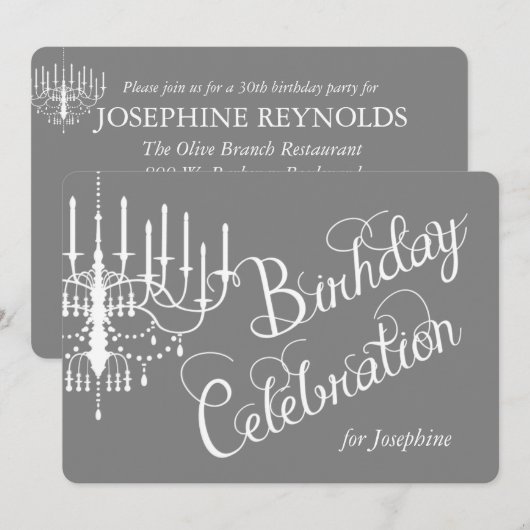 Gray Chandelier Elegant Custom Birthday Invitation Kaart (Voorkant / Achterkant)