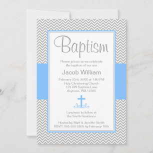 Gray Chevron Blue Cross Boy Baptism Christening Kaart