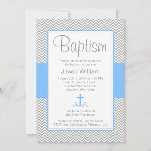 Gray Chevron Blue Cross Boy Baptism Christening Kaart (Voorkant)