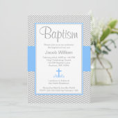 Gray Chevron Blue Cross Boy Baptism Christening Kaart (Staand voorkant)