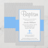 Gray Chevron Blue Cross Boy Baptism Christening Kaart (Voorkant / Achterkant)