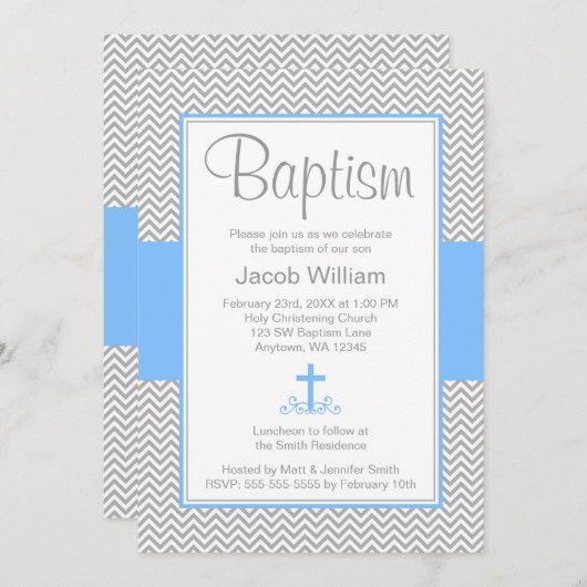 Gray Chevron Blue Cross Boy Baptism Christening Kaart (Voorkant / Achterkant)