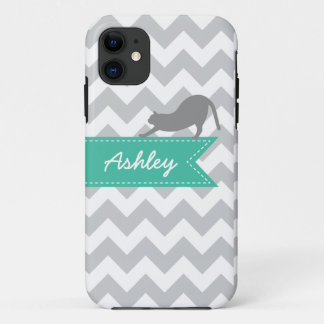 Gray Chevron Cat Turquoise Aangepast monogram Case-Mate iPhone Case