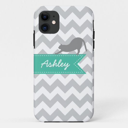 Gray Chevron Cat Turquoise Aangepast monogram Case-Mate iPhone Case (Achterkant)