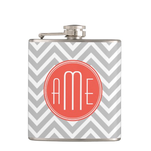 Gray Chevron en Coral Custom Monogram Heupfles (Voorkant)