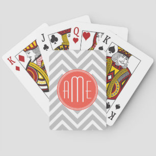 Gray Chevron en Coral Custom Monogram Speelkaarten