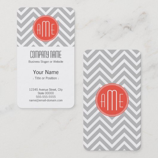 Gray Chevron en Coral Custom Monogram Visitekaartje (Voorkant / Achterkant)