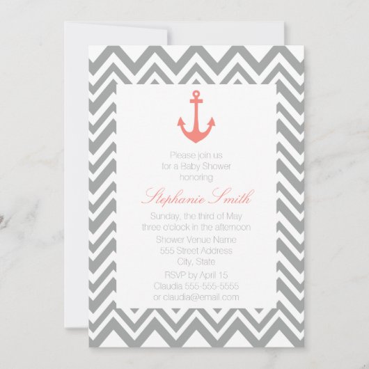 Gray Chevron en Coral Pink Nautical Baby shower Kaart (Voorkant)