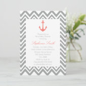 Gray Chevron en Coral Pink Nautical Baby shower Kaart (Staand voorkant)