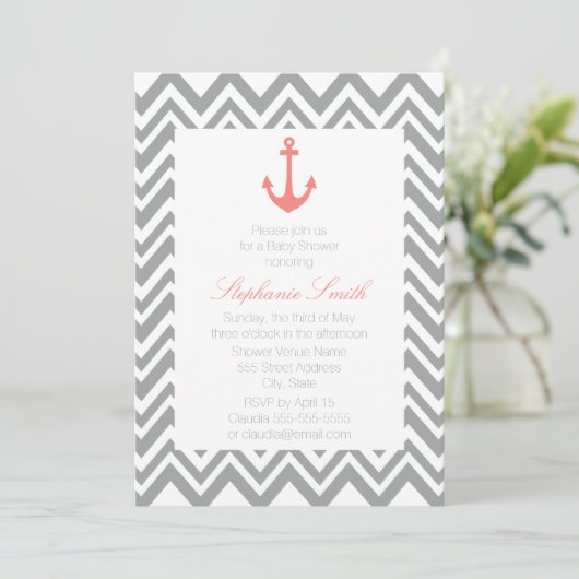 Gray Chevron en Coral Pink Nautical Baby shower Kaart (Staand voorkant)