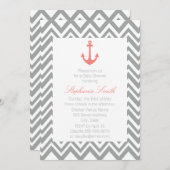 Gray Chevron en Coral Pink Nautical Baby shower Kaart (Voorkant / Achterkant)