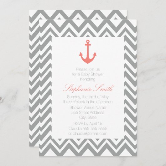 Gray Chevron en Coral Pink Nautical Baby shower Kaart (Voorkant / Achterkant)