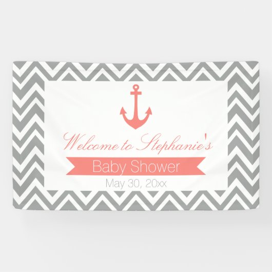 Gray Chevron en Coral Pink Nautical Baby shower Spandoek (Horizontaal)