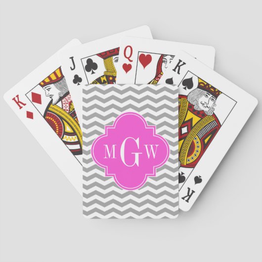 Gray Chevron Hot Pink Quatrefoil 3 Monogram Tn Pokerkaarten (Achterkant)