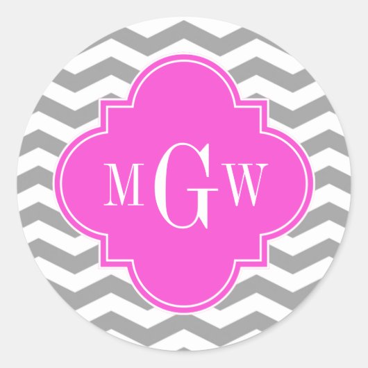 Gray Chevron Hot Pink Quatrefoil 3 Monogram Tn Ronde Sticker (Voorkant)