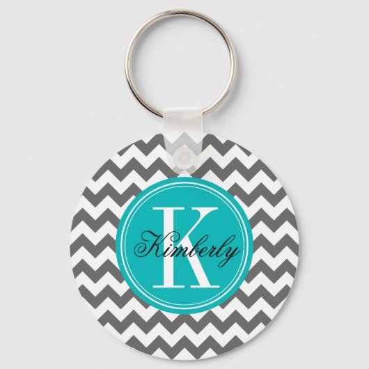 Gray Chevron met Blauwgroen monogram Sleutelhanger (Voorkant)
