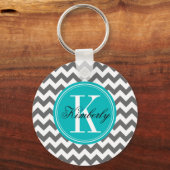 Gray Chevron met Blauwgroen monogram Sleutelhanger (Voorkant)