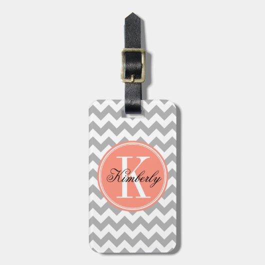 Gray Chevron met koraal monogram Bagagelabel (Voorkant verticaal)