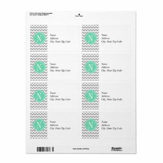 Gray Chevron met Mint Monogram Etiket (Full Sheet)