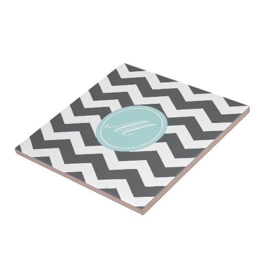 Gray Chevron met Monogram Tiles Tegeltje (Zijkant)