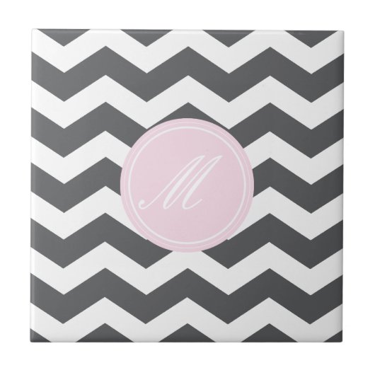 Gray Chevron met Monogram Tiles Tegeltje (Voorkant)