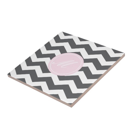 Gray Chevron met Monogram Tiles Tegeltje (Zijkant)