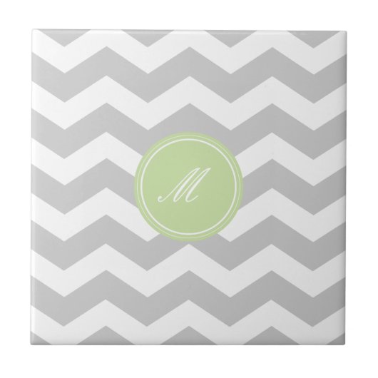 Gray Chevron met Monogram Tiles Tegeltje (Voorkant)